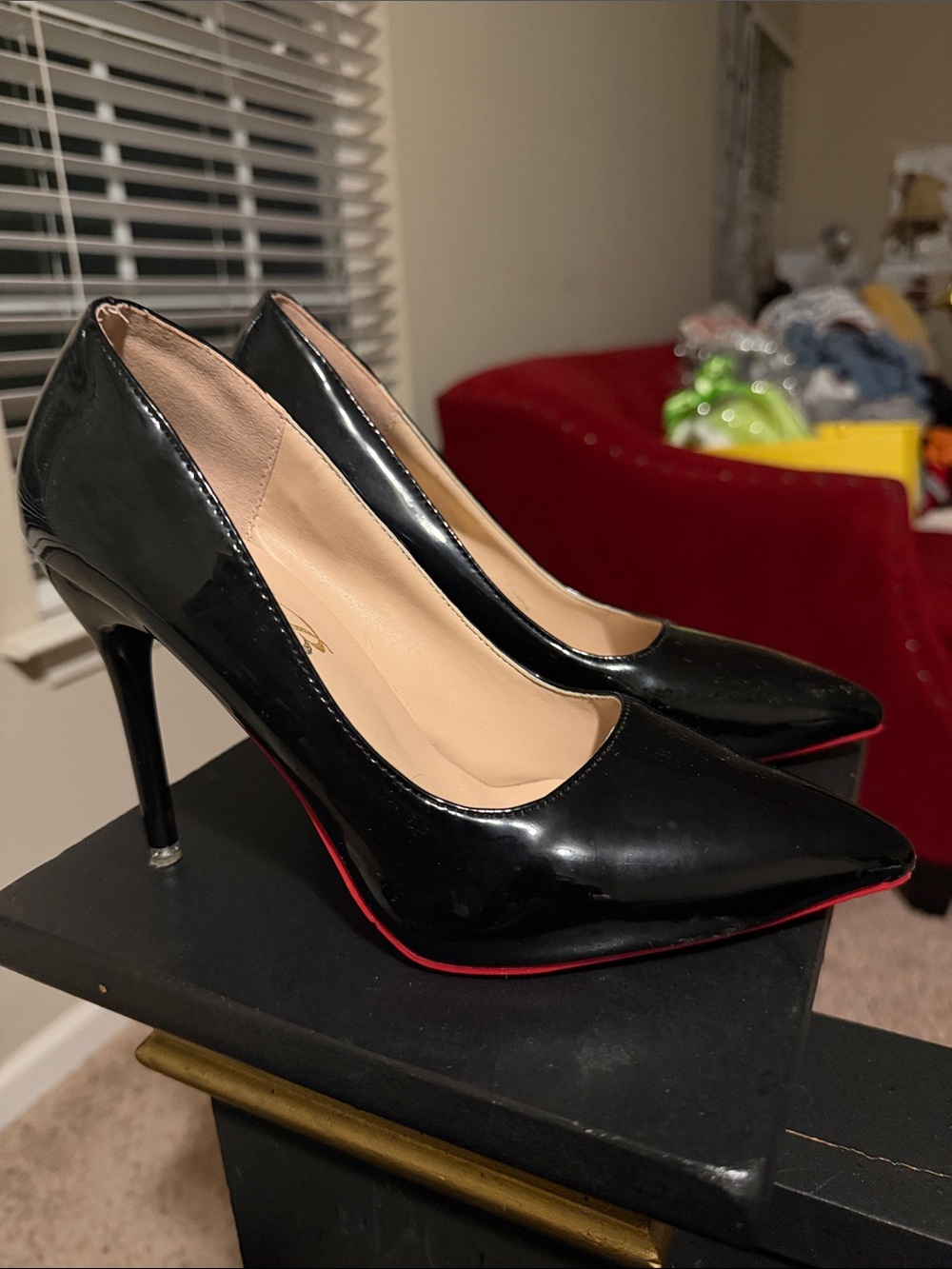 Yosi Samra Black Patent Pointed Toe Stiletto Pumps with Red Accent
